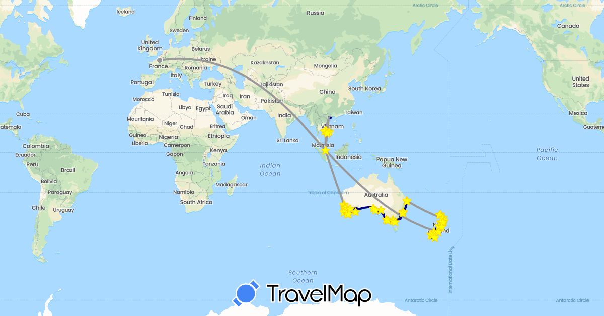 TravelMap itinerary: driving, bus, plane, hiking, boat in Australia, France, Cambodia, New Zealand, Singapore, Vietnam (Asia, Europe, Oceania)